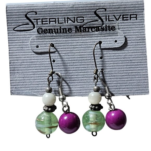 Sterling Silver Genuine Marcasite Drop Earrings Purple Green Beads Retro Fashion - Picture 1 of 4